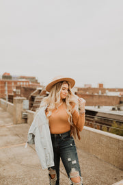 Feeling Frisky Fringe Cold Shoulder Bodysuit (Camel)