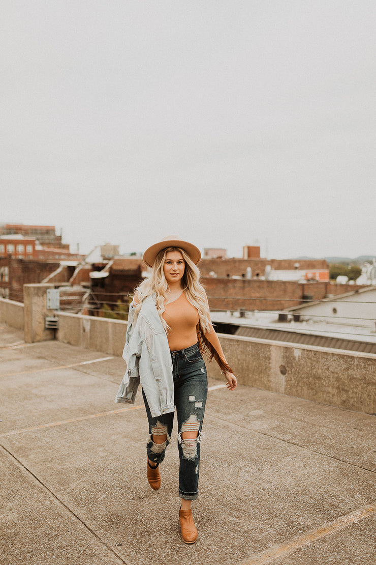 Feeling Frisky Fringe Cold Shoulder Bodysuit (Camel)