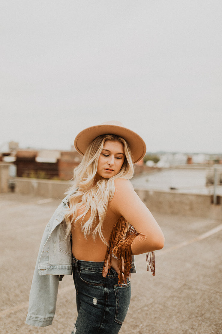 Feeling Frisky Fringe Cold Shoulder Bodysuit (Camel)