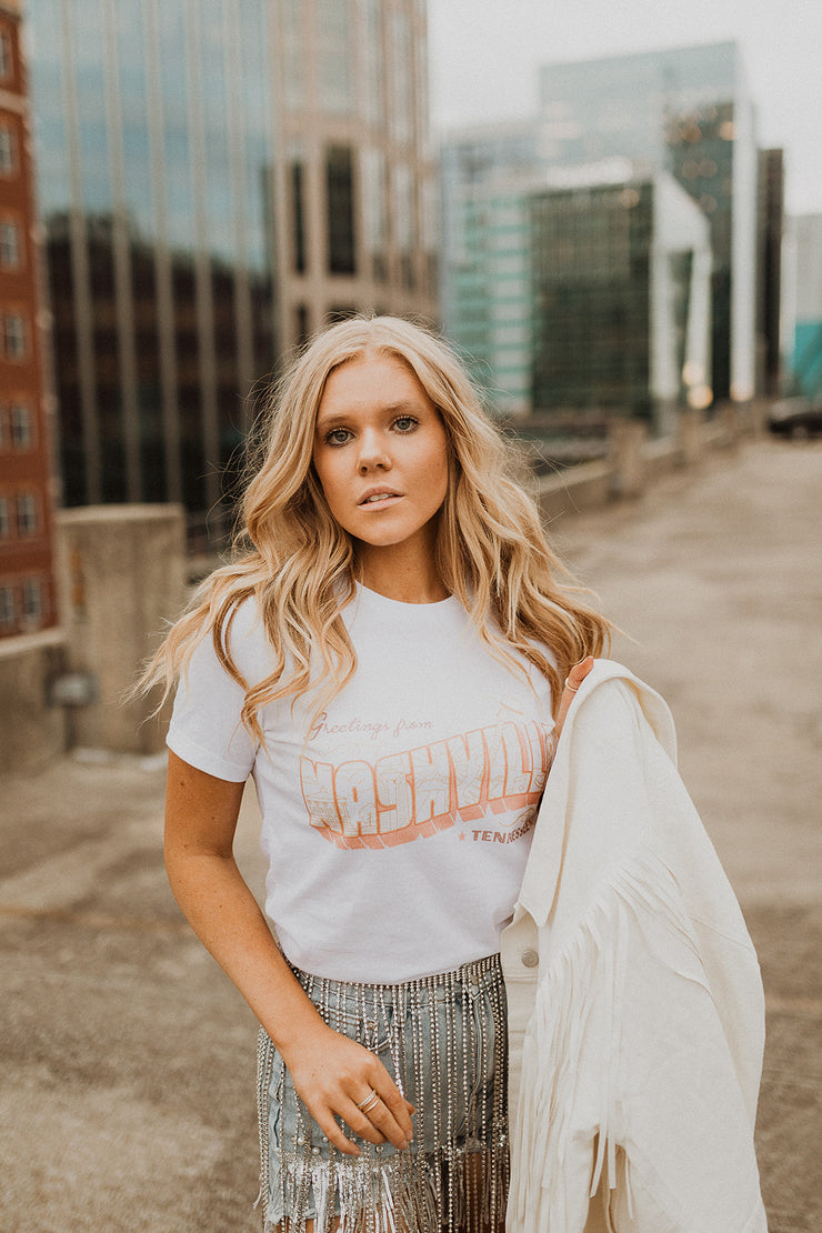 Greetings From Nashville Tennessee Round Neck T-Shirt (White)