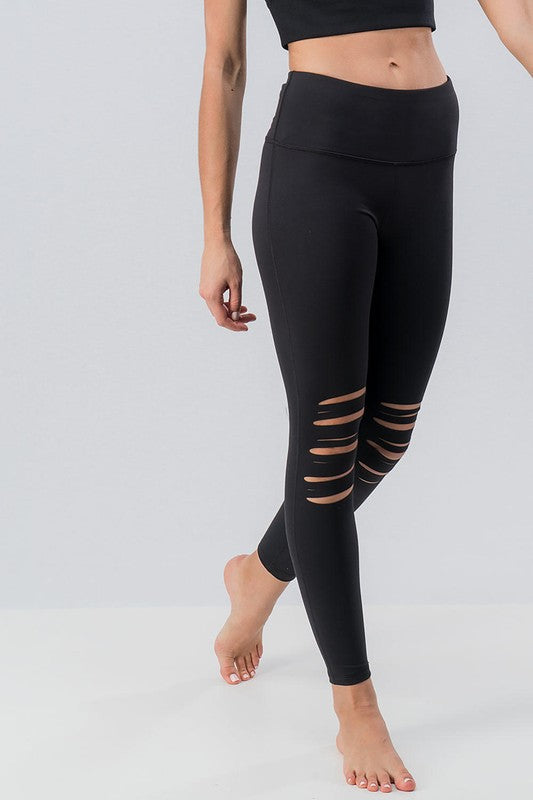 Trendy Distressed Cut Out Leggings (Black)