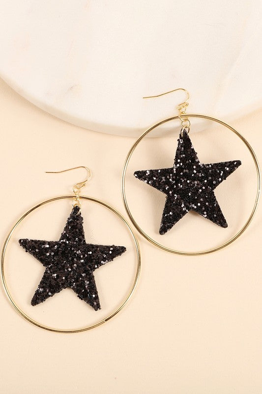 Sparkling Star Hoop Earrings ( Black Sparkles )