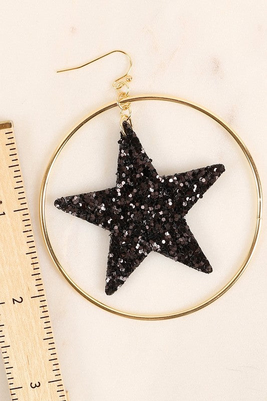 Sparkling Star Hoop Earrings ( Black Sparkles )