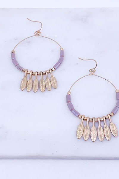 Beaded Feather Charm Hoop Earrings