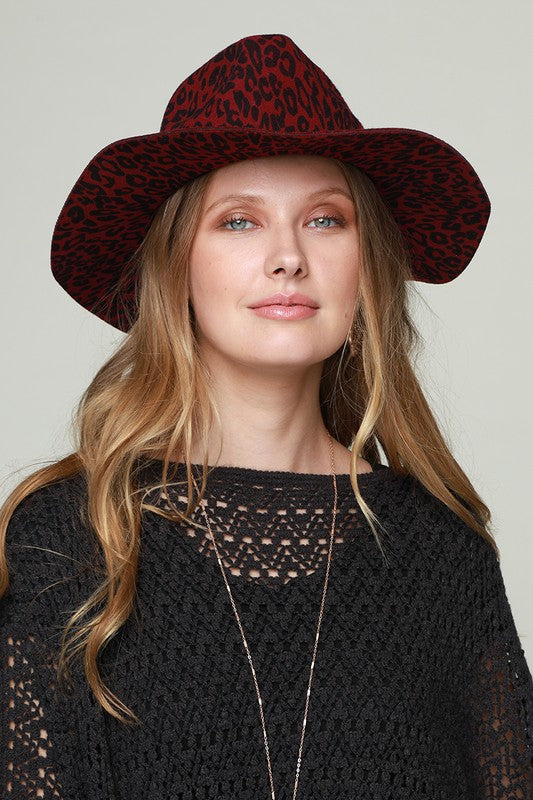 Wide Brim Leopard Print Hat (Burgundy)