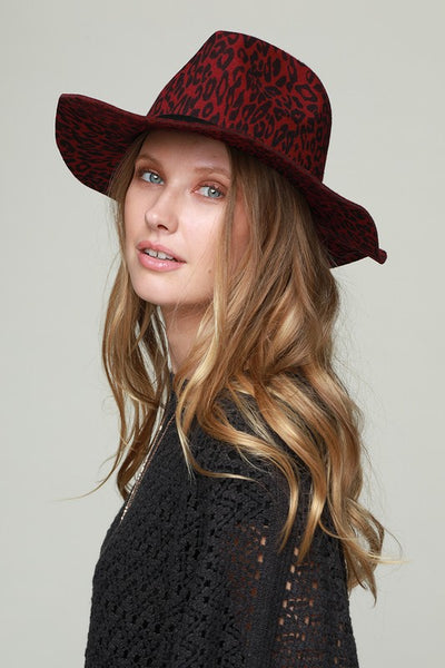 Wide Brim Leopard Print Hat (Burgundy)