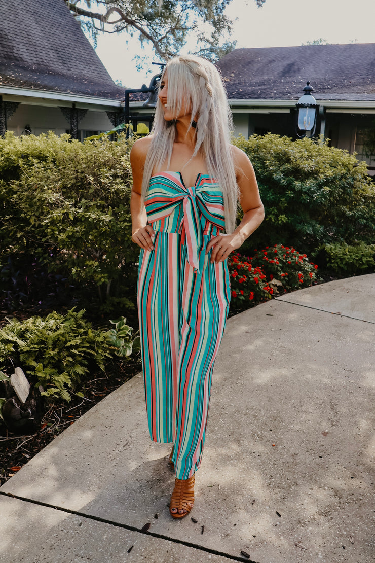 Seafoam Green Striped Strapless Jumpsuit