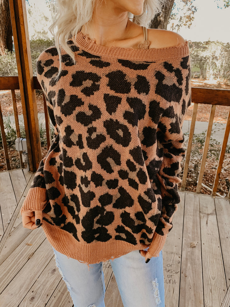 Mauve Leopard Print Distressed Sweater