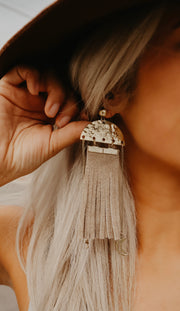 Taupe Suede Tassel Drop Statement Earrings