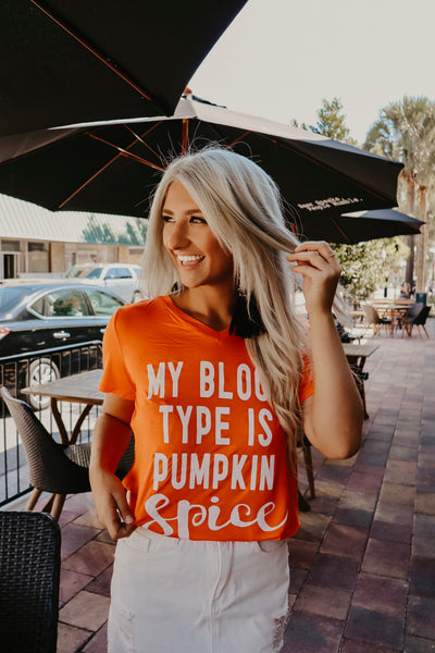 My Blood Type is Pumpkin Spice Graphic T-Shirt (Orange)