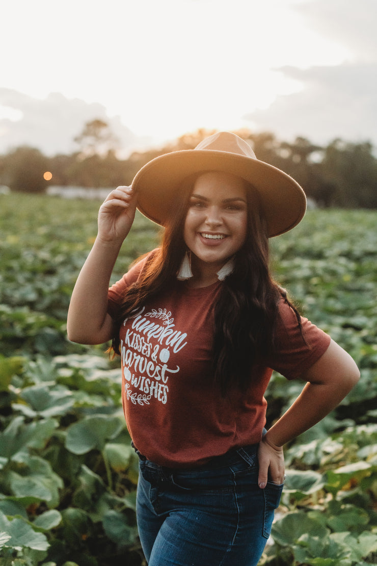 Pumpkin Kisses and Harvest Wishes Graphic Tee (Clay)