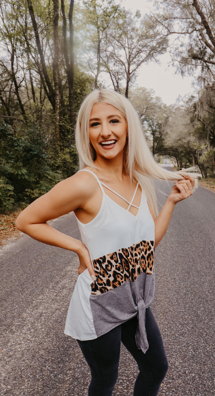 Leopard Color Block Knot Top (White)