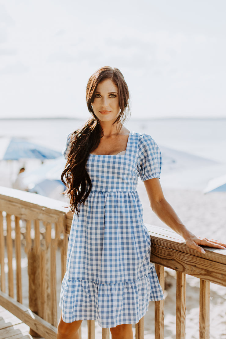 Baby Doll Gingham Print Midi Dress (Blue)