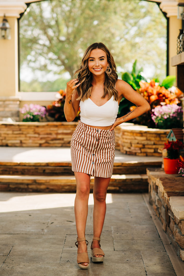 Spring Stripe Button Down Mini Skirt (Rust)