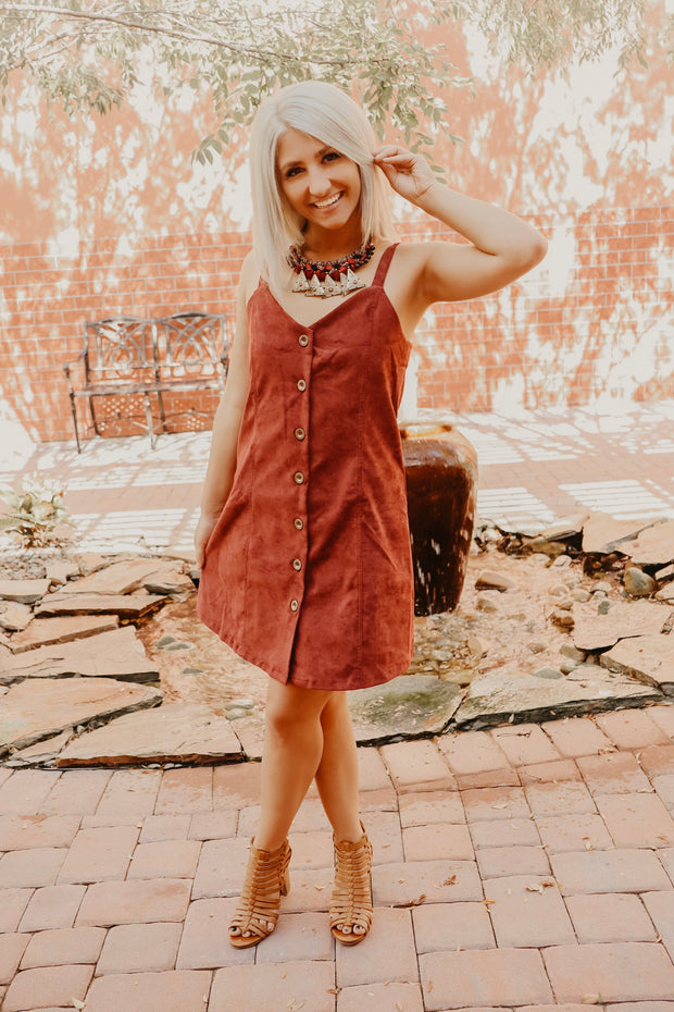 Classic Suede Button Down Midi Dress (Burgundy)