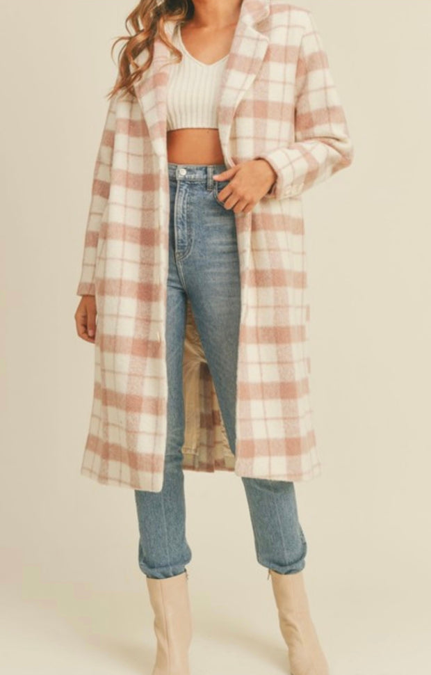 Don’t make me Blush Oversized Plaid Midi Coat (Pink)