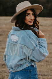 Stay Fierce Rhinestone Fringe Denim Jacket