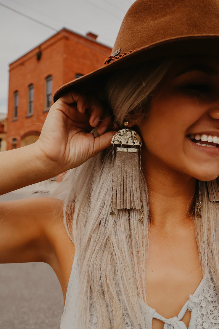 Taupe Suede Tassel Drop Statement Earrings