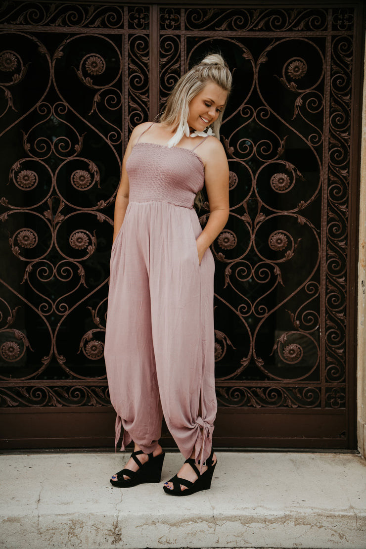 Knot Your Average Smocked Jumpsuit (Mauve)