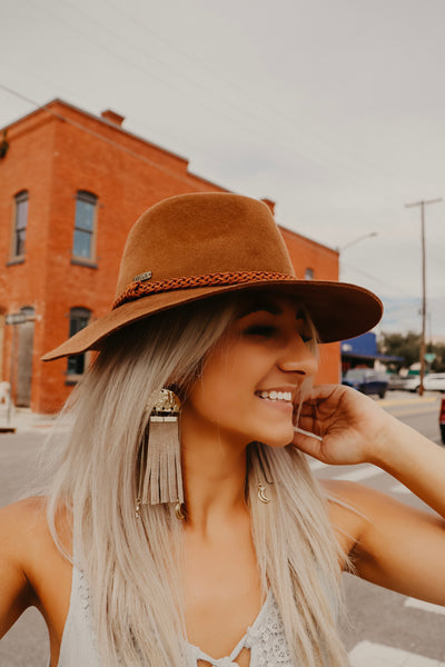 Taupe Suede Tassel Drop Statement Earrings