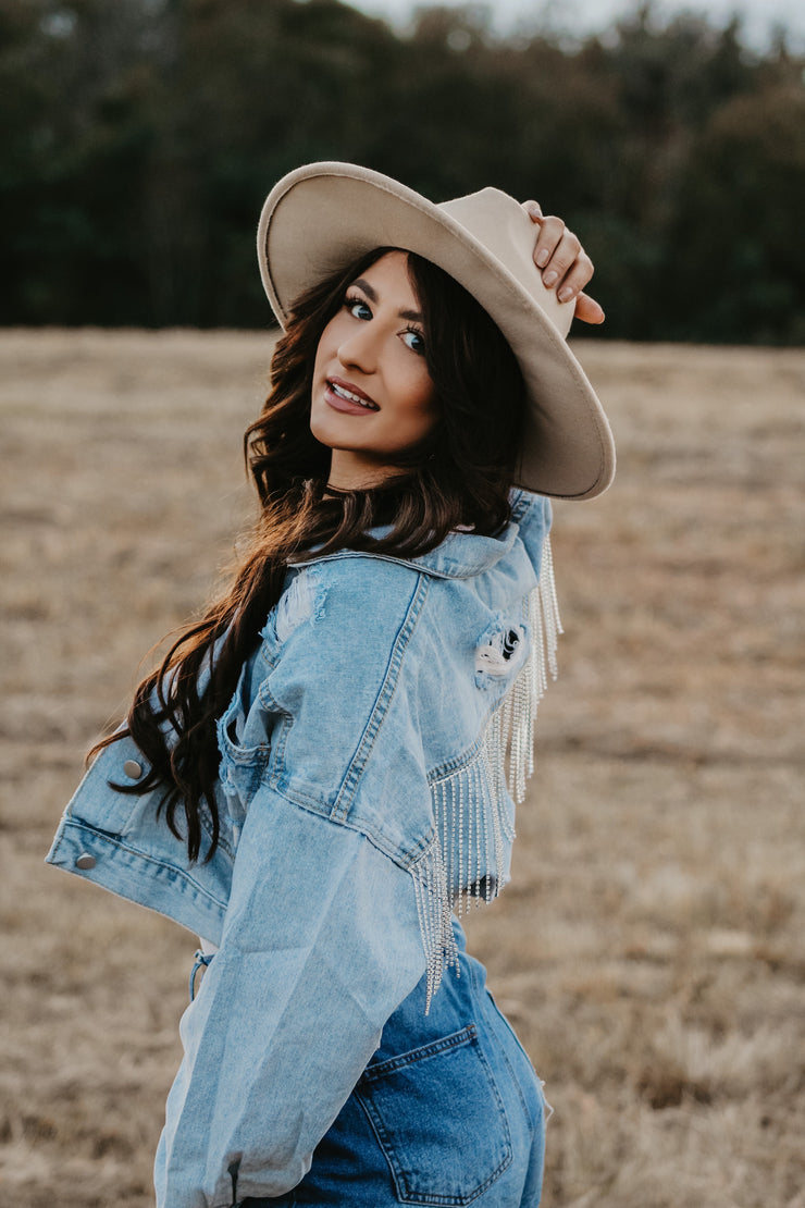 Stay Fierce Rhinestone Fringe Denim Jacket