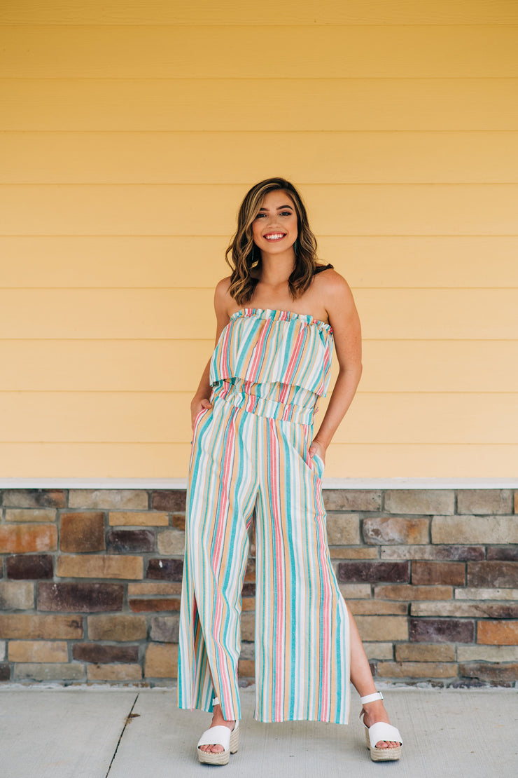 All For Spring Striped Strapless Jumpsuit