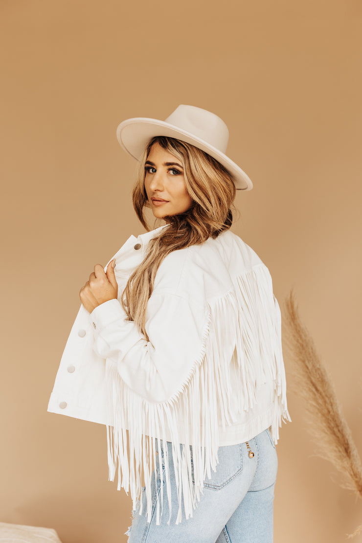 Boho Queen Fringe Jean Jacket (White)