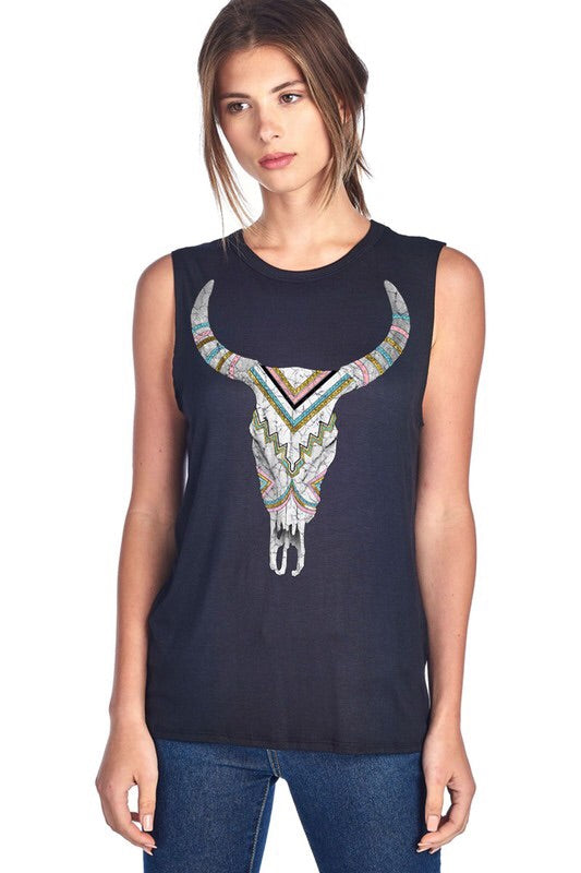 Aztec Bull Skull Tunic Tank Top