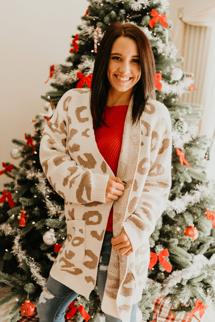 Ivory Knitted Leopard Print Cardigan