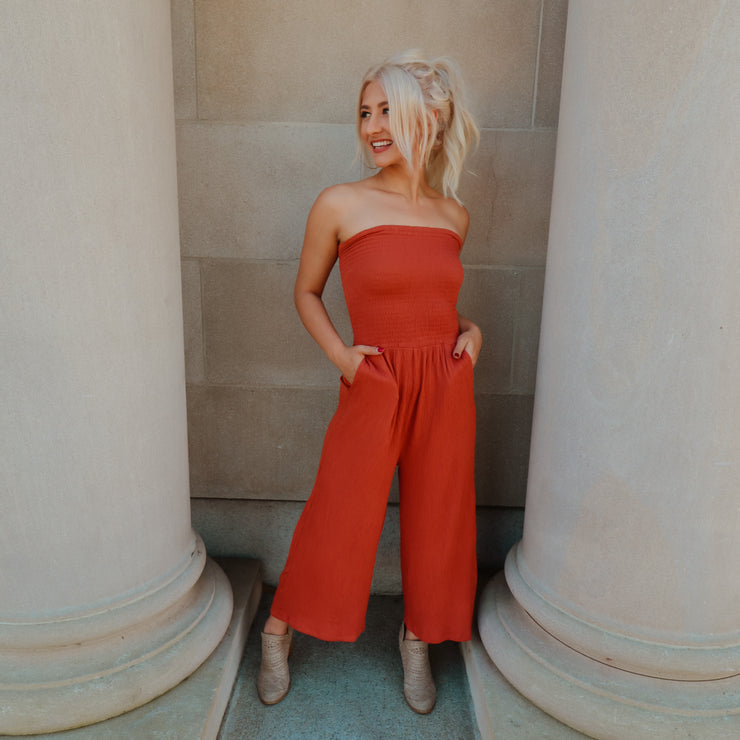 Keep it Real Rust Strapless Jumpsuit