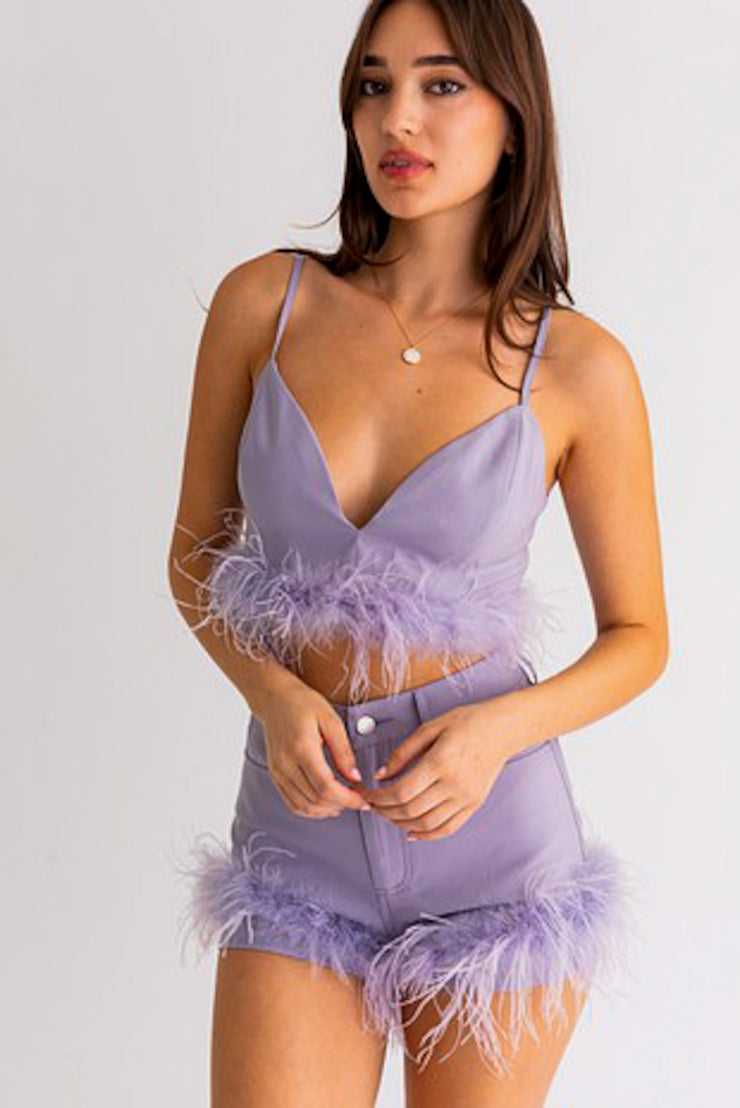 Leave Em’ In The Dust Fur Trim Cami Set (Lavender)