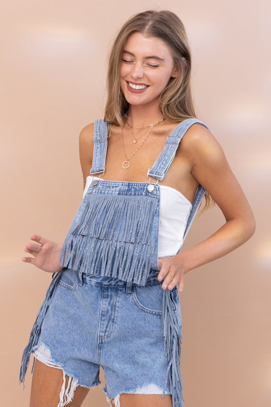 Golly Miss Dolly Fringe Denim Overalls (Denim)