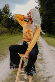 Must Have Mustard Bubble Sleeve Crop Top