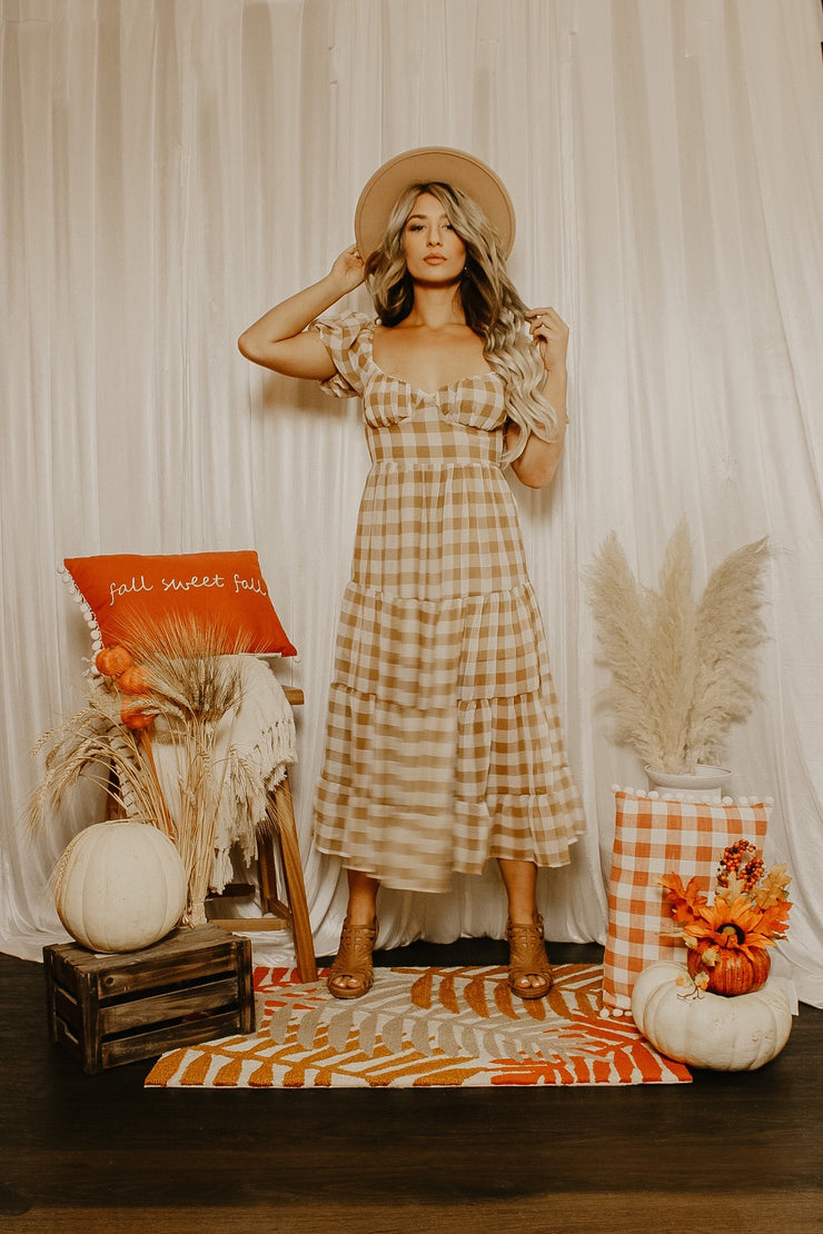 Perfectly Plaid Backless Midi Dress (Ginger)