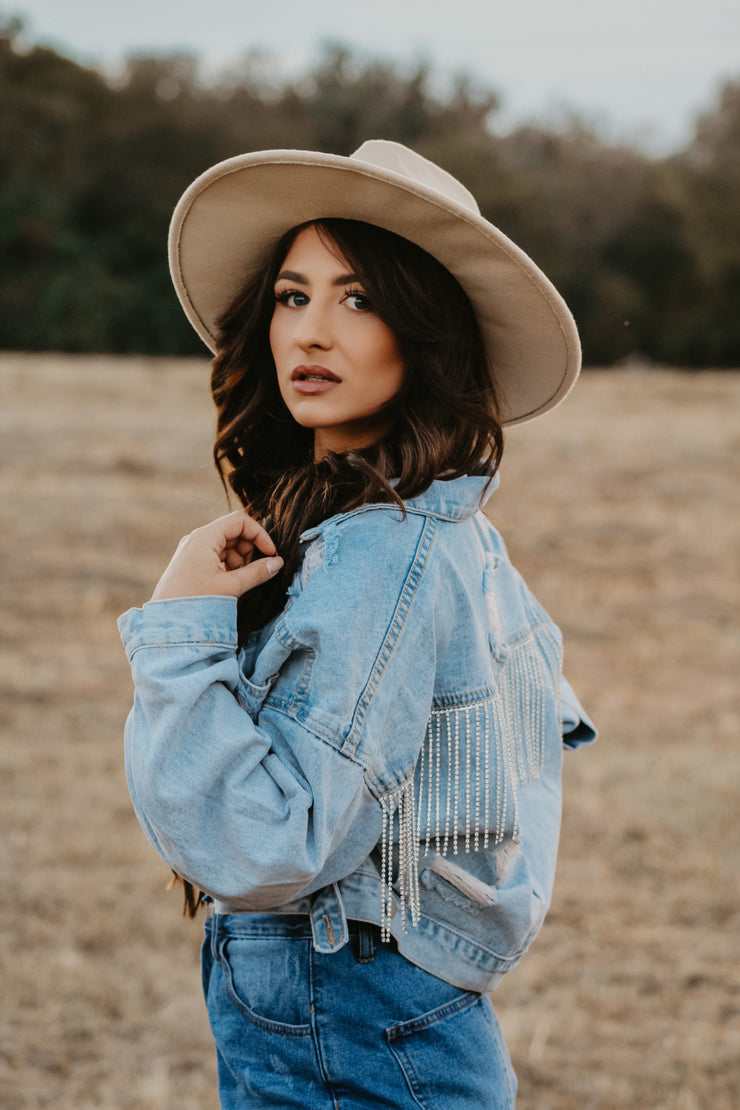 Stay Fierce Rhinestone Fringe Denim Jacket