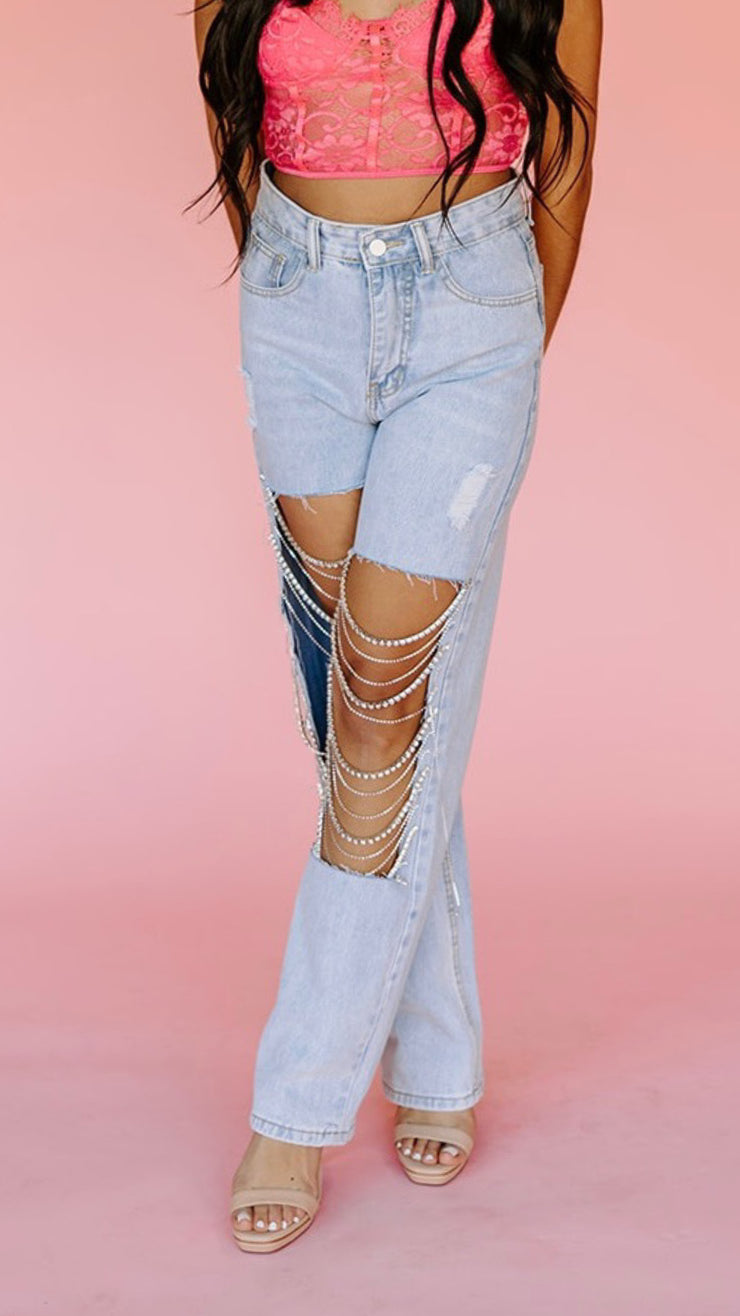 Ready Set Rhinestone Denim Jeans (Light Wash)