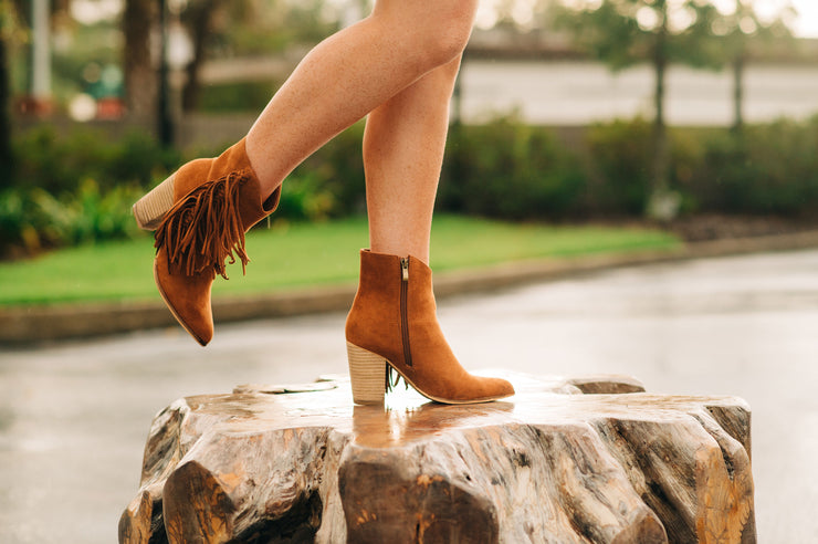 Ready to Fall Fringe Tassel Ankle Booties (Camel)