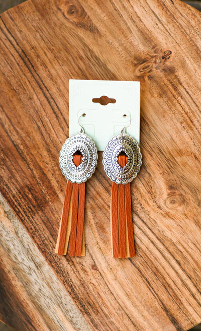 Concho Leather Tassel Earrings (Camel)