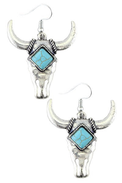 Turquoise Stone Steer Skull Earrings