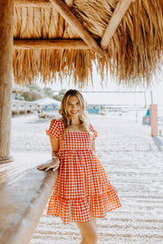 Baby Doll Gingham Print Midi Dress (Red)