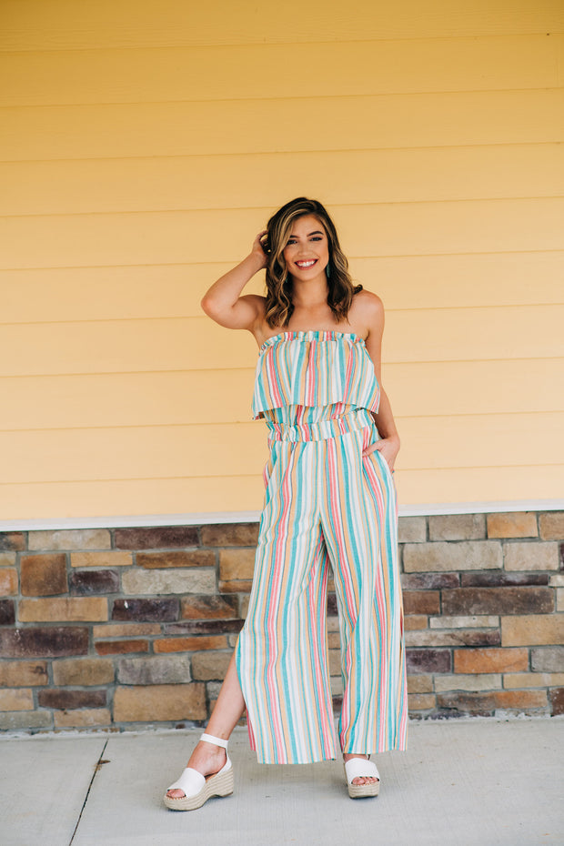 All For Spring Striped Strapless Jumpsuit