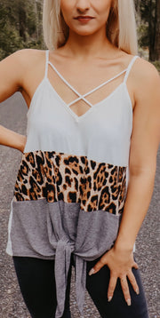 Leopard Color Block Knot Top (White)