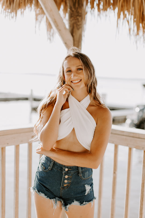 Wrap Me in White Halter Crop Top