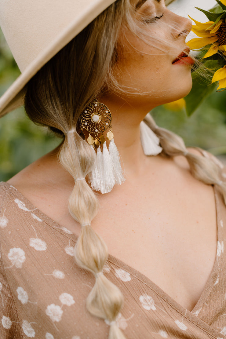 Antique Gold Tassel Boho Earrings (white)