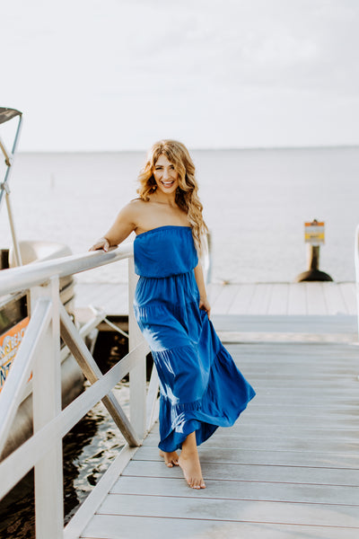 Come Sail Away Strapless Layered Maxi Dress (Royal Blue)