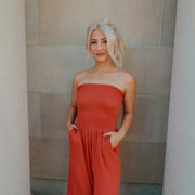 Keep it Real Rust Strapless Jumpsuit