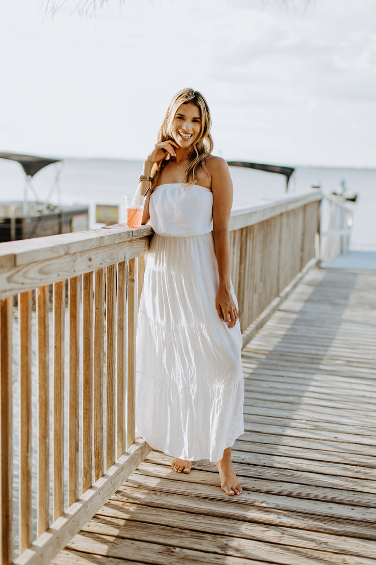 Come Sail Away Strapless Layered Maxi Dress (White)