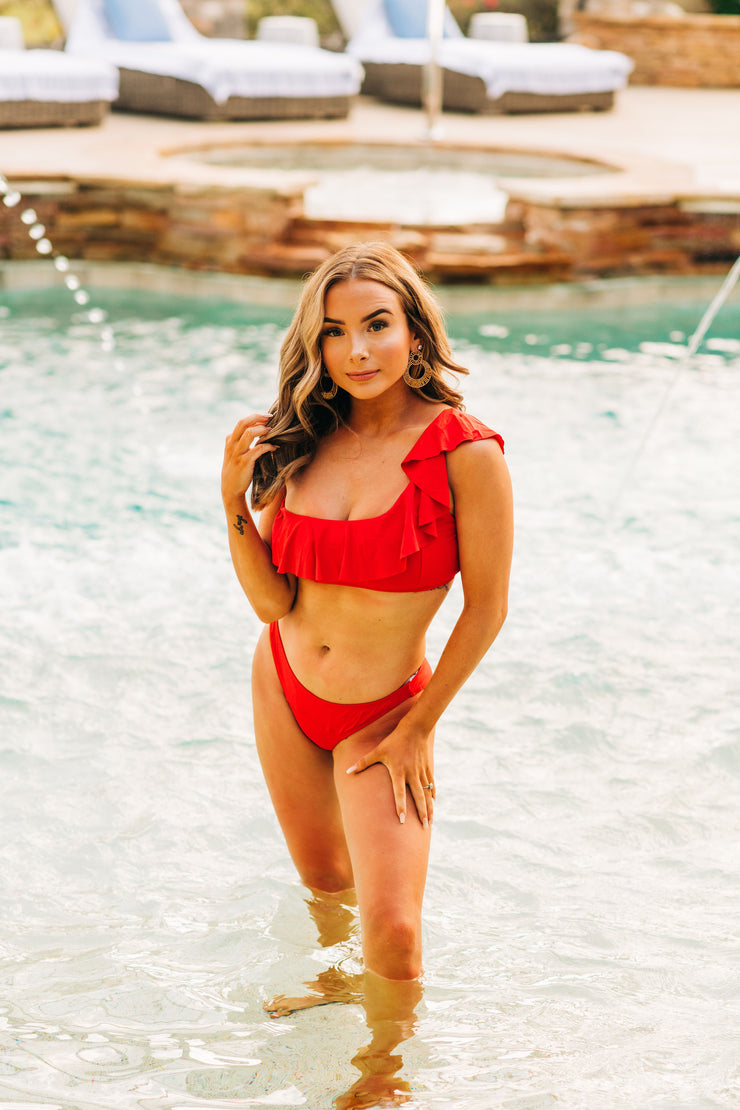 Radiant In Red Ruffle Bikini Top