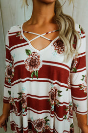 Brick and Floral Striped Flare Top