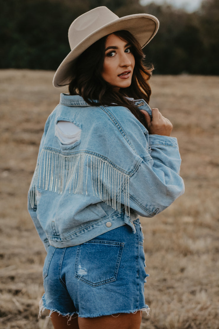 Stay Fierce Rhinestone Fringe Denim Jacket